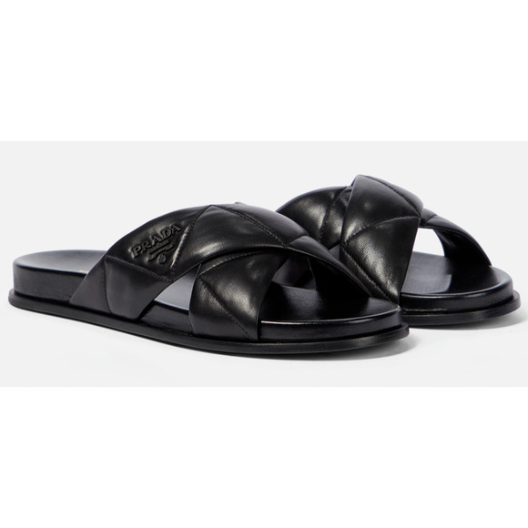 Prada Quilted Criss Cross Strap Black Leather Logo Slide Sandal Mule Flat 39.5 - Picture 3 of 12